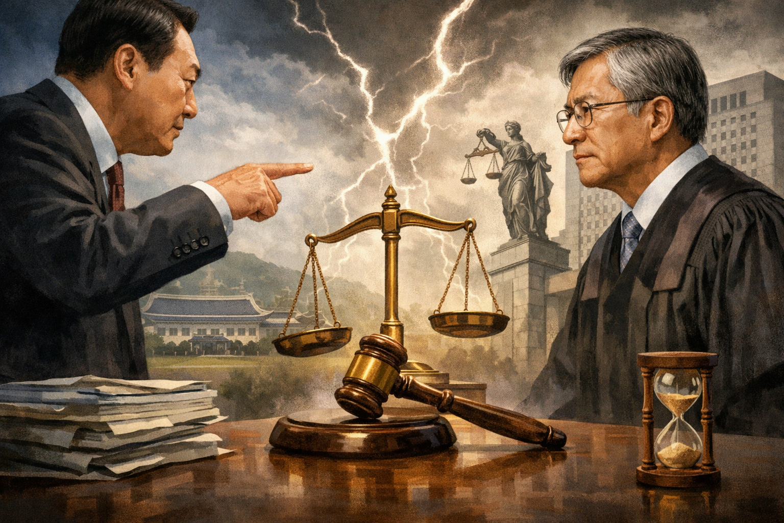 대법관 제청 절차 둘러싸고 대통령실과 대법원장 충돌 관련 AI 보도 일러스트