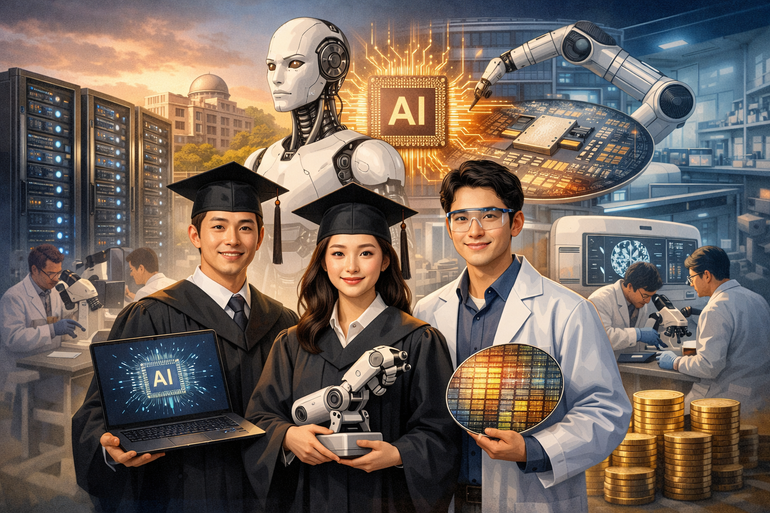 정부, AI 예산 확대와 석·박사 창업 인재 양성 동시 추진 관련 AI 보도 일러스트