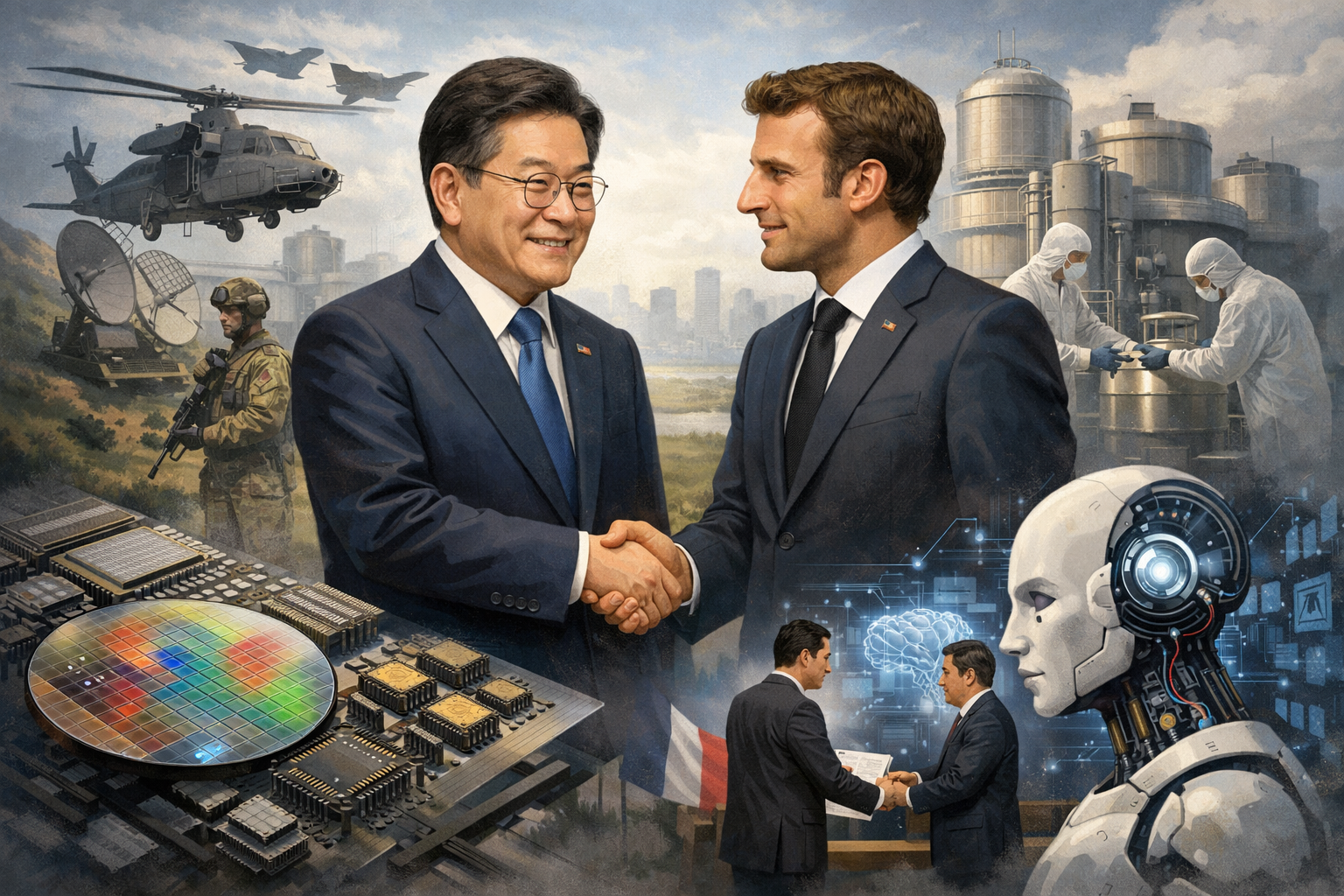 한·프 정상회담 계기 국방·원전·AI 협력문건 16건 채택 관련 AI 보도 일러스트
