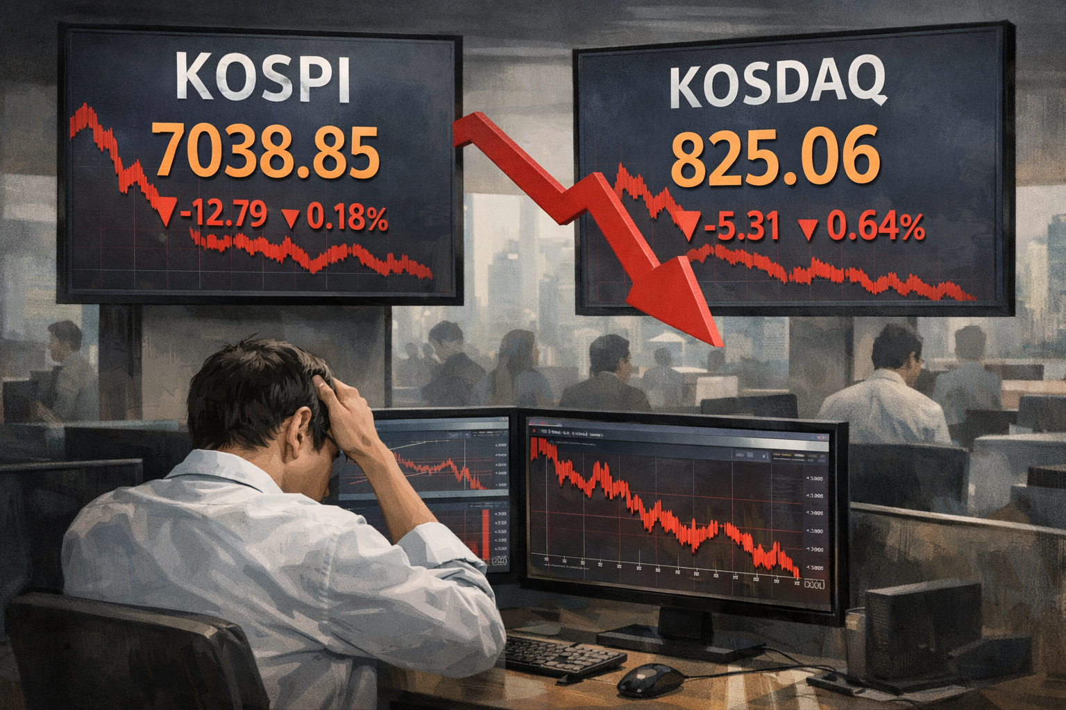 코스피·코스닥, 하락 출발…코스피 7038선 관련 AI 보도 일러스트