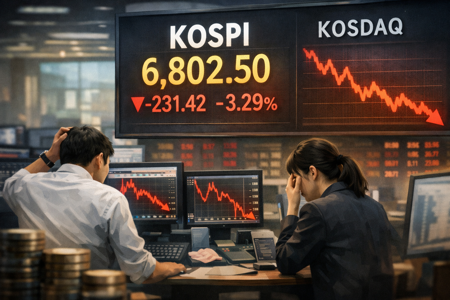 코스피, 7000선 밑으로 밀리며 3%대 급락 출발 관련 AI 보도 일러스트