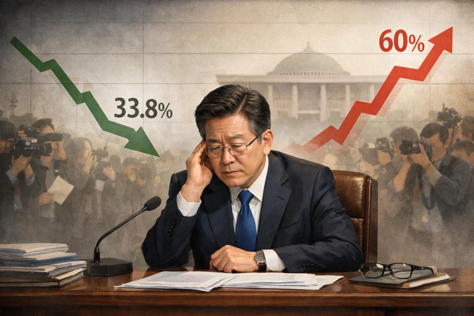 이재명 대통령 국정지지도 33.8%…9주 연속 하락 관련 AI 보도 일러스트