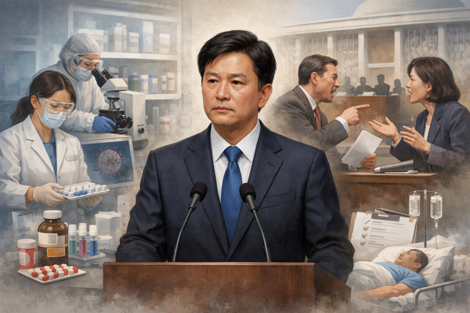 김승원 법무부 장관 후보자 관련 신약 임상·청탁 의혹 공방 확대 관련 AI 보도 일러스트