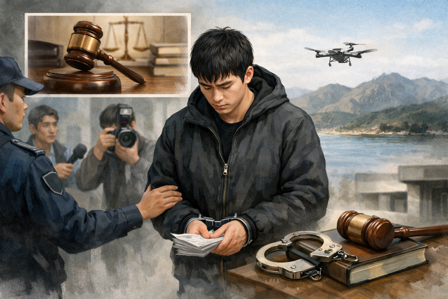 북한에 무인기 보낸 대학원생, 1심 징역형 집행유예 관련 AI 보도 일러스트