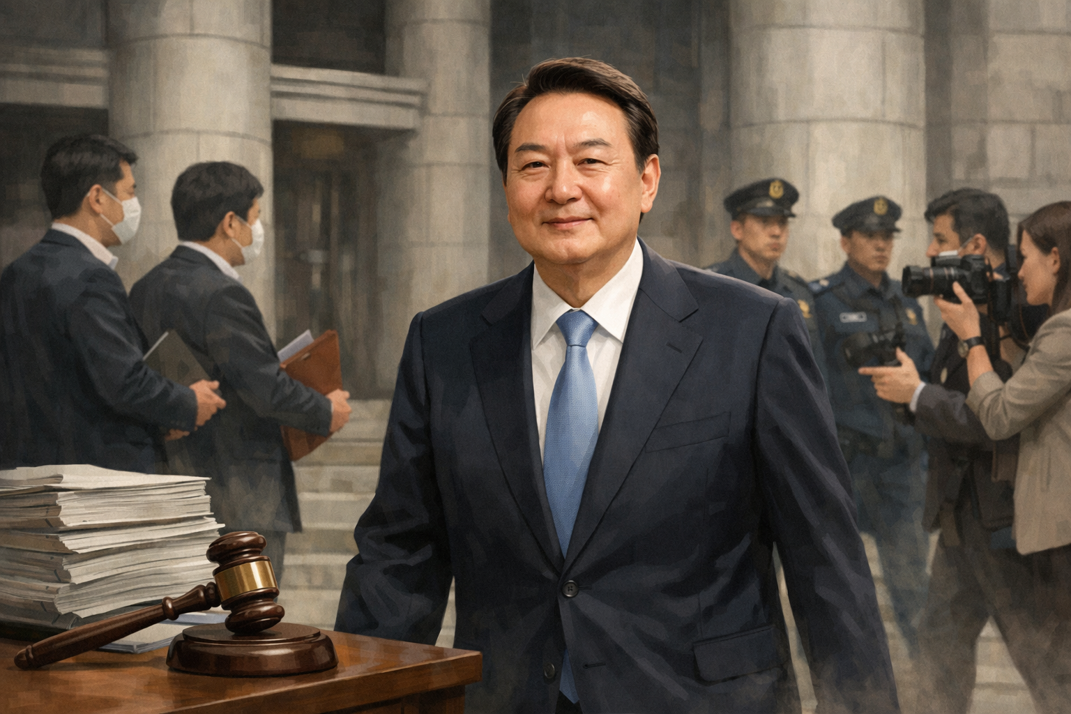윤석열 전 대통령, 계엄 국무회의 위증 혐의 항소심도 무죄 관련 AI 보도 일러스트