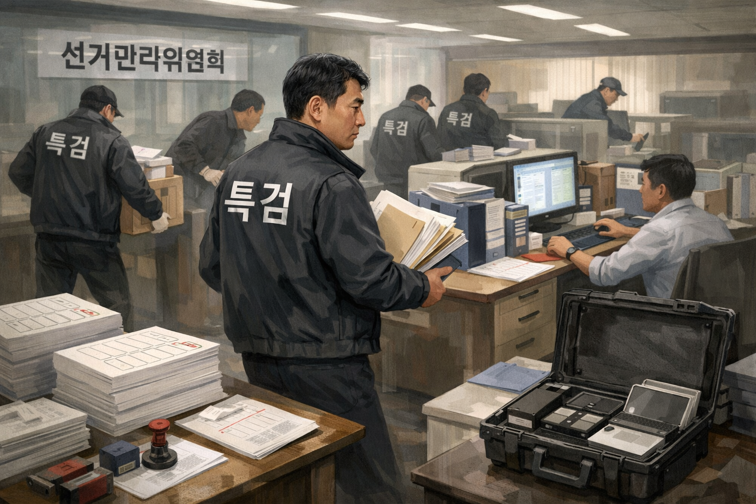 선관위 특검, 중앙·지방선관위 9곳 압수수색…출범 열흘 만에 강제수사 관련 AI 보도 일러스트