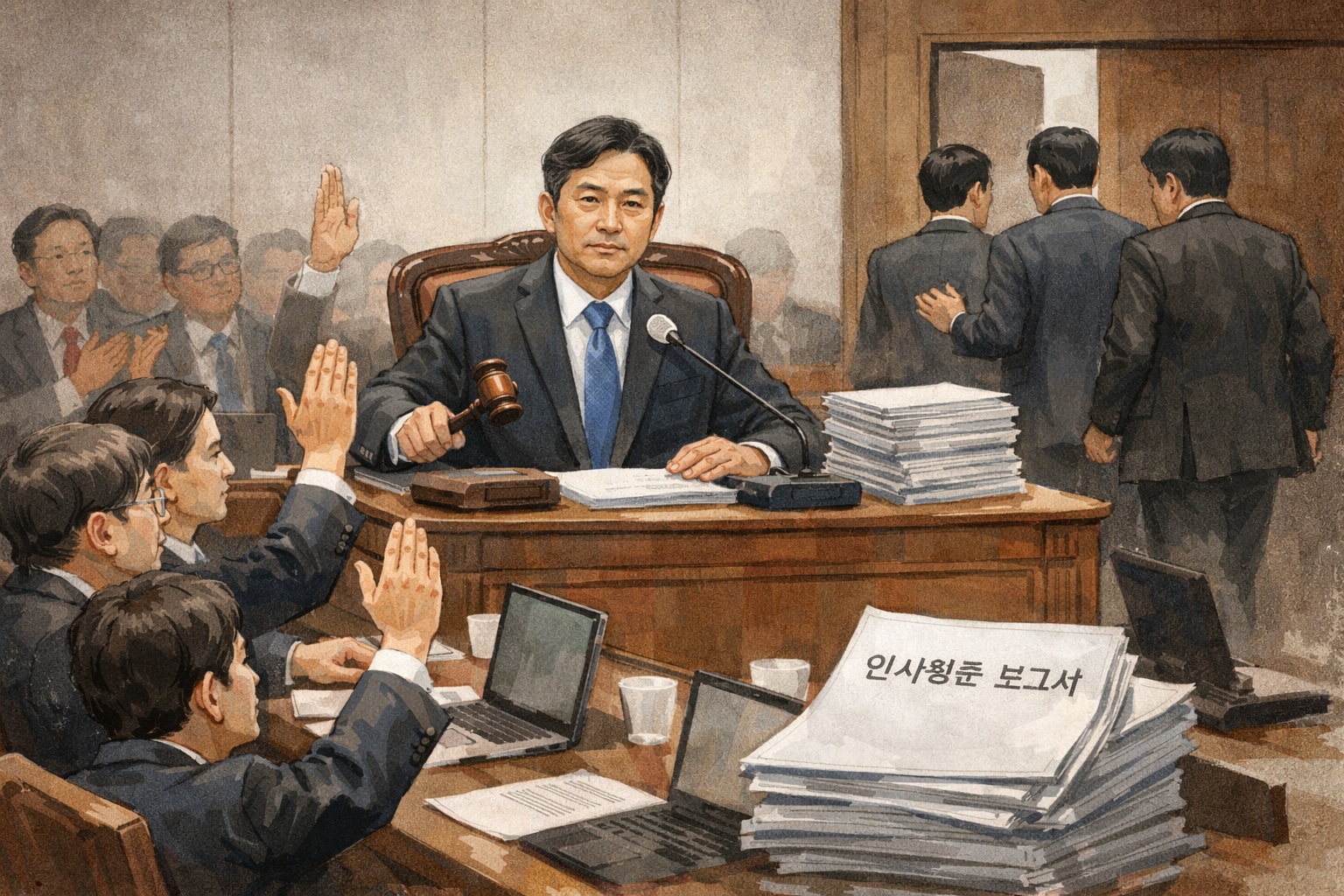 법사위, 김승원 법무장관 후보자 청문보고서 여당 주도로 채택 관련 AI 보도 일러스트