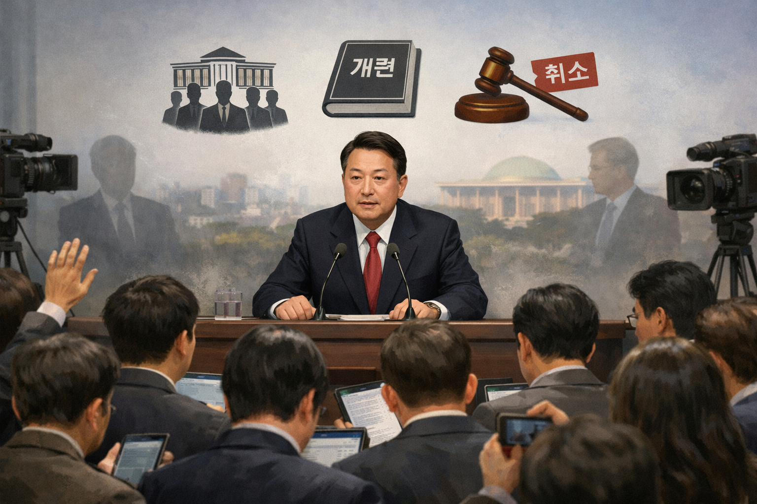 이 대통령, 7번째 기자회견서 개각·개헌·공소 취소 입장 밝힐까 관련 AI 보도 일러스트