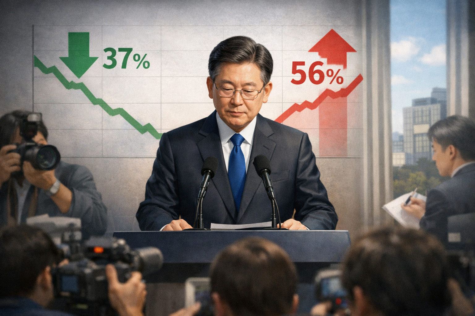 이재명 대통령 국정 긍정평가 37%…취임 후 최저치 관련 AI 보도 일러스트