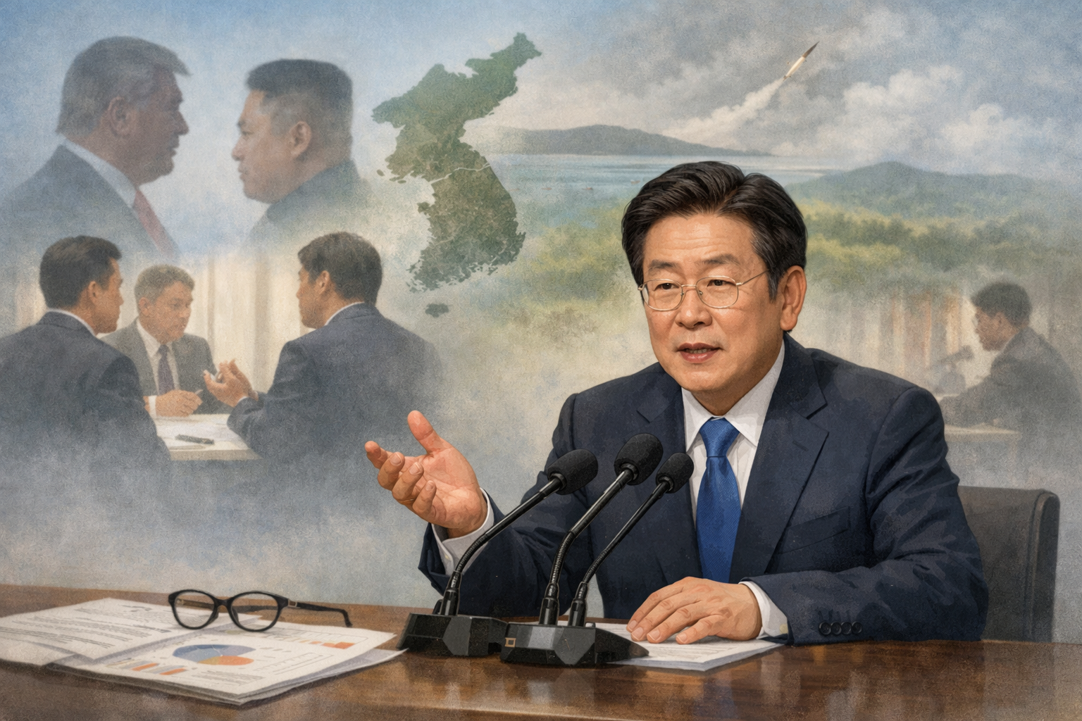 이 대통령 “북미 대화 위한 사전 조정 계속…한국 패싱 우려 없다” 관련 AI 보도 일러스트