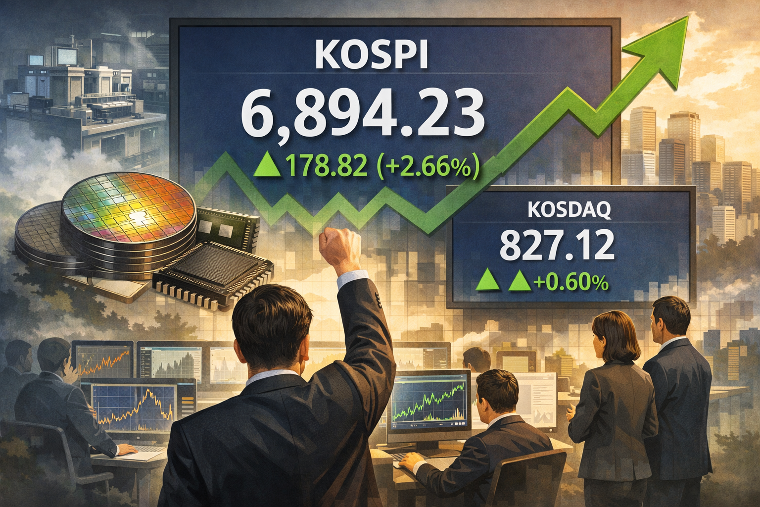 코스피, 반도체주 강세에 2.66% 상승…6,894.23 마감 관련 AI 보도 일러스트