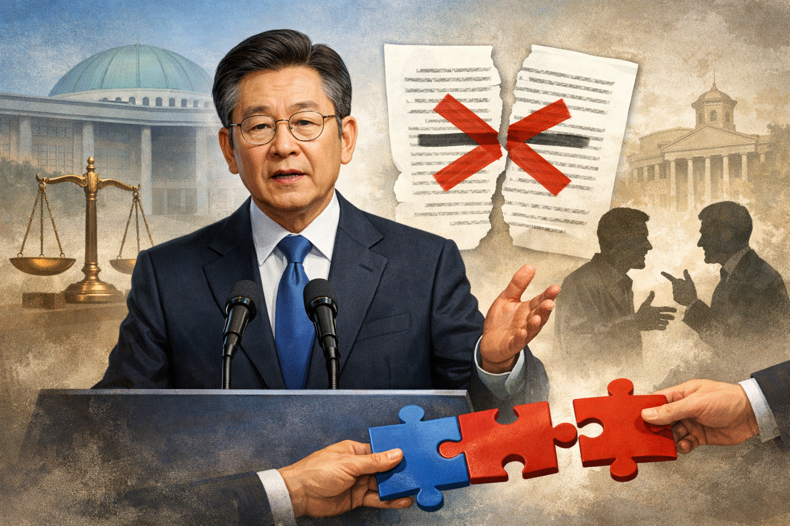 이 대통령, 연임 의사 부인…공소취소 조항 삭제 국회에 요청 관련 AI 보도 일러스트