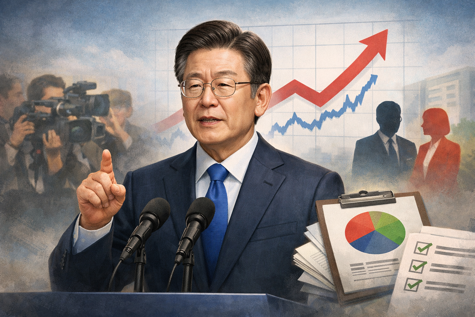 이재명 대통령 지지율 34.8%…10주 만에 하락세 멈춰 관련 AI 보도 일러스트