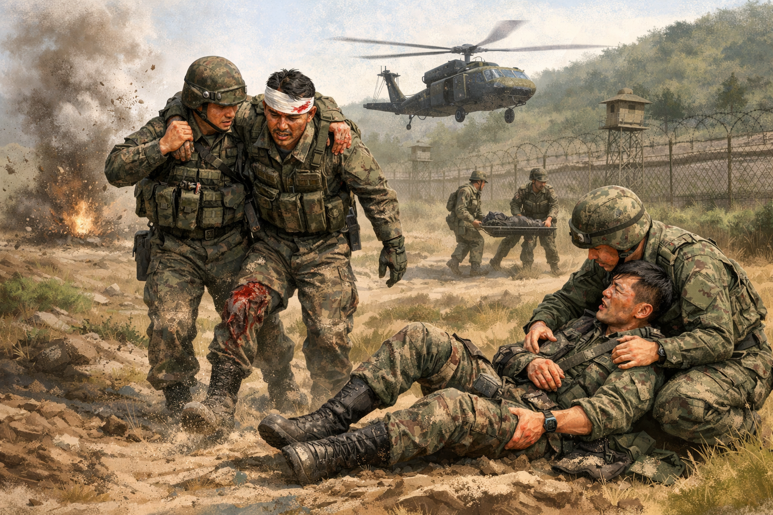 DMZ 작전 중 지뢰 폭발 추정 사고…장병 3명 부상 관련 AI 보도 일러스트