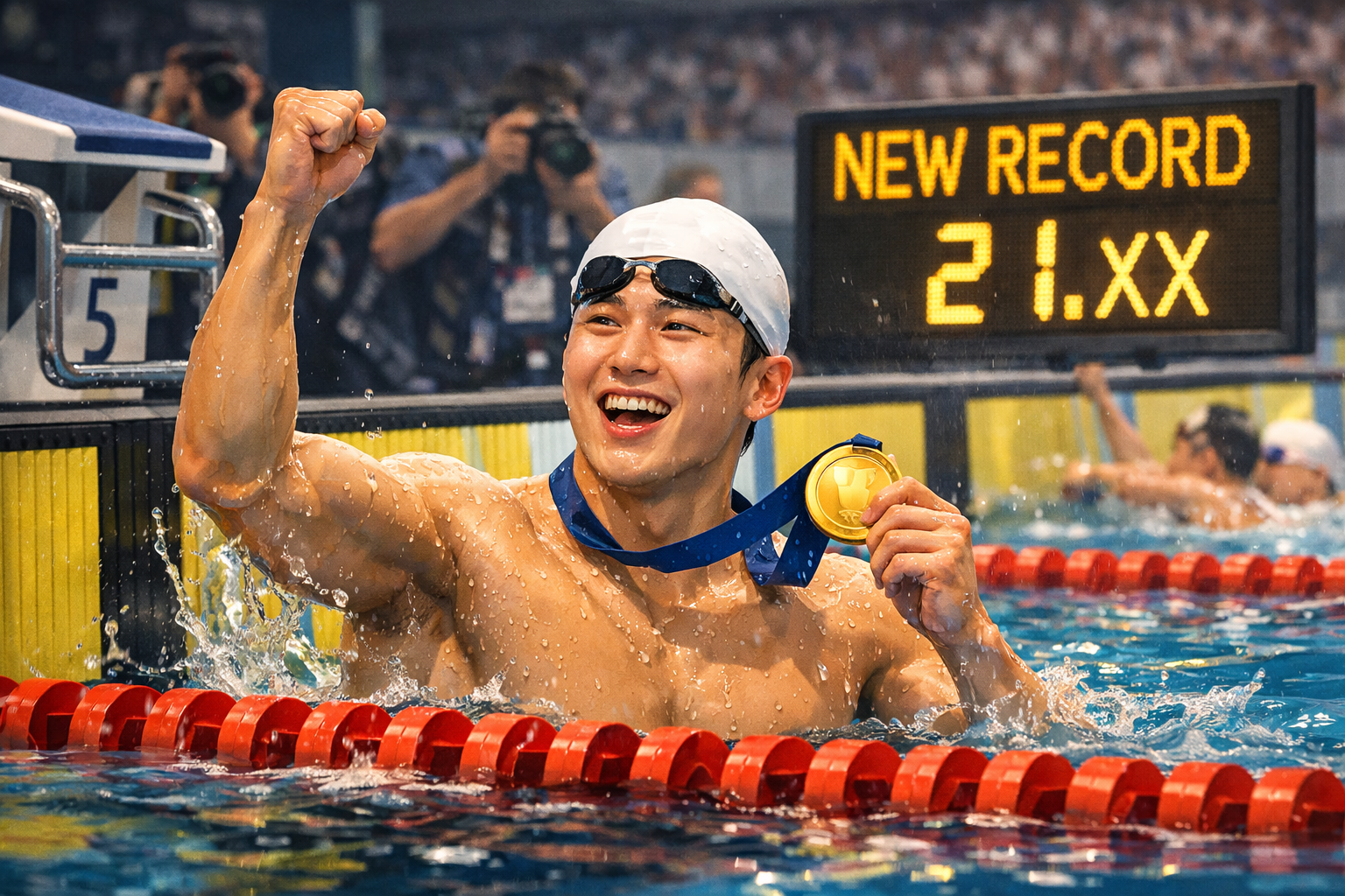 김영범, 아시안게임 자유형 50m 금메달…대회 신기록 수립 관련 AI 보도 일러스트