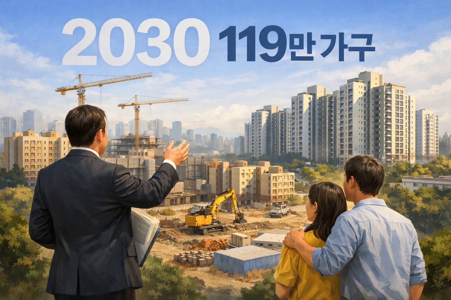 정부, 2030년까지 공적주택 119만가구 공급 계획 발표 관련 AI 보도 일러스트