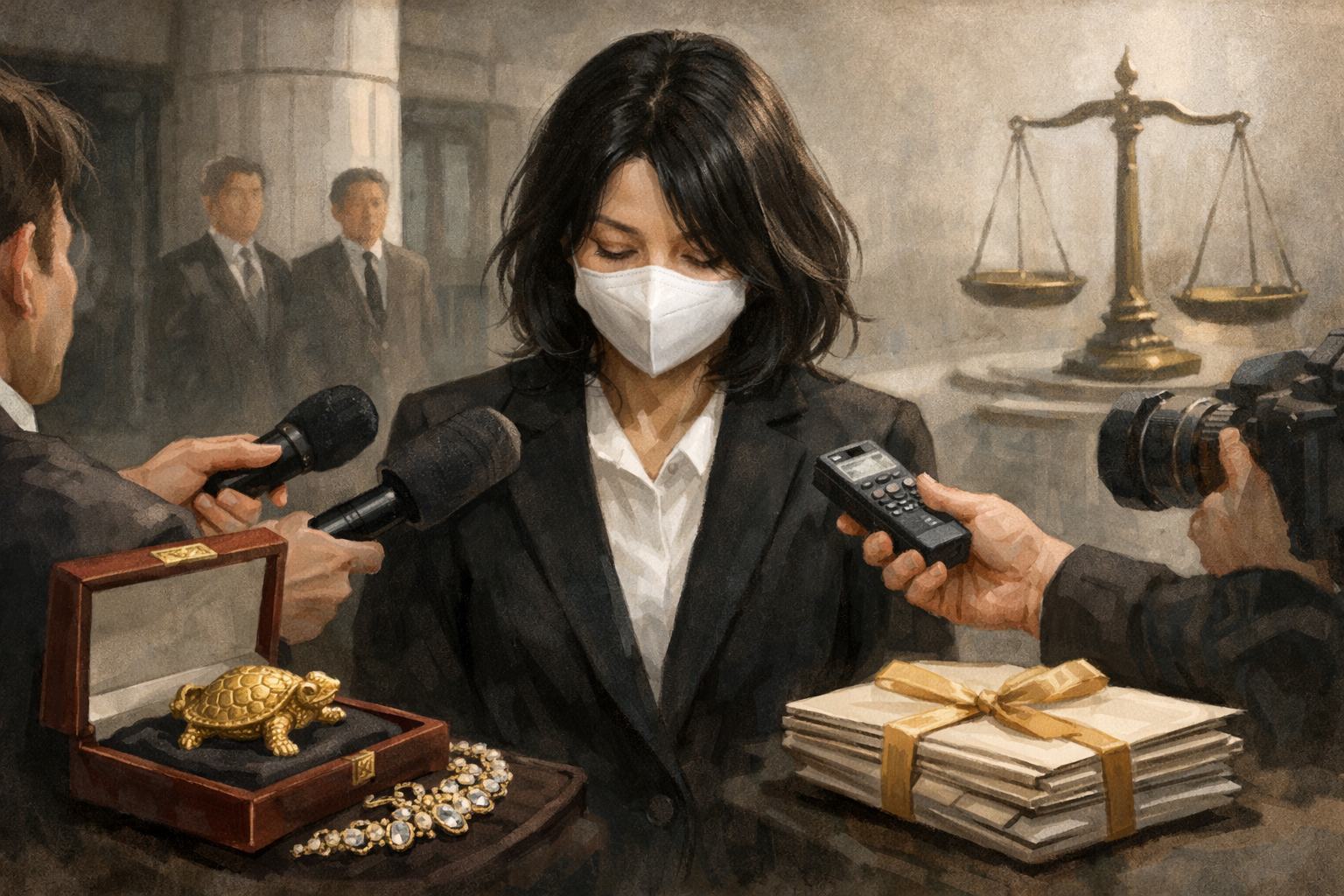 김건희 항소심, 청탁 대가 금품 수수 혐의 인정 관련 AI 보도 일러스트