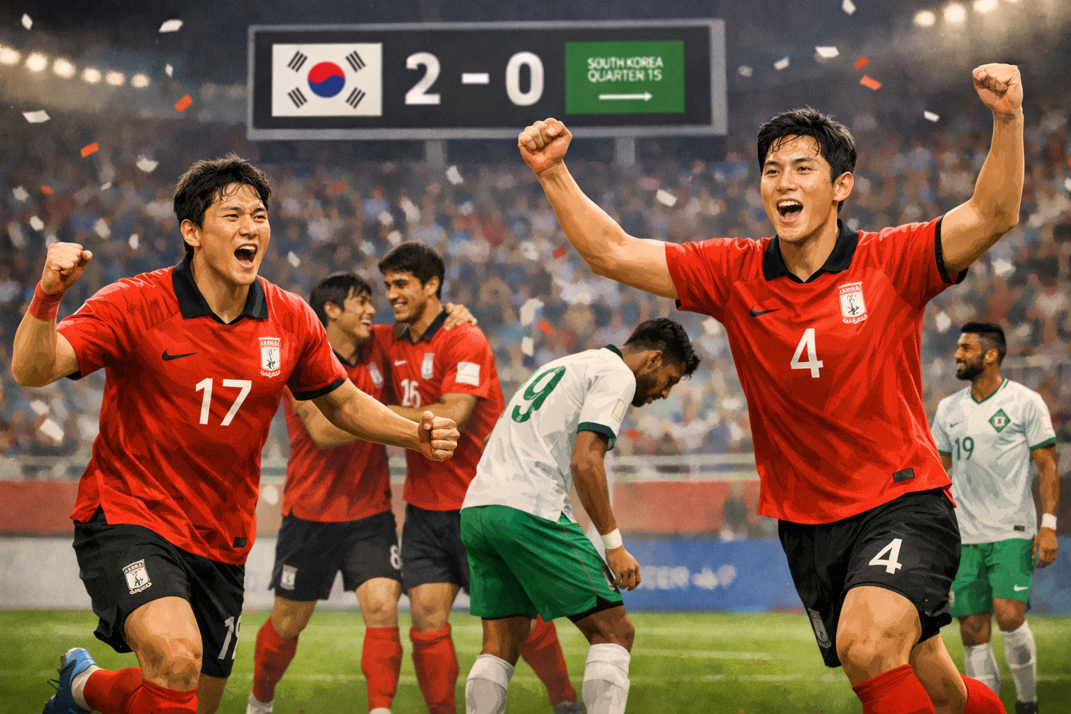 한국 U-23 축구대표팀, 사우디 2-0 꺾고 조 1위로 8강행 관련 AI 보도 일러스트