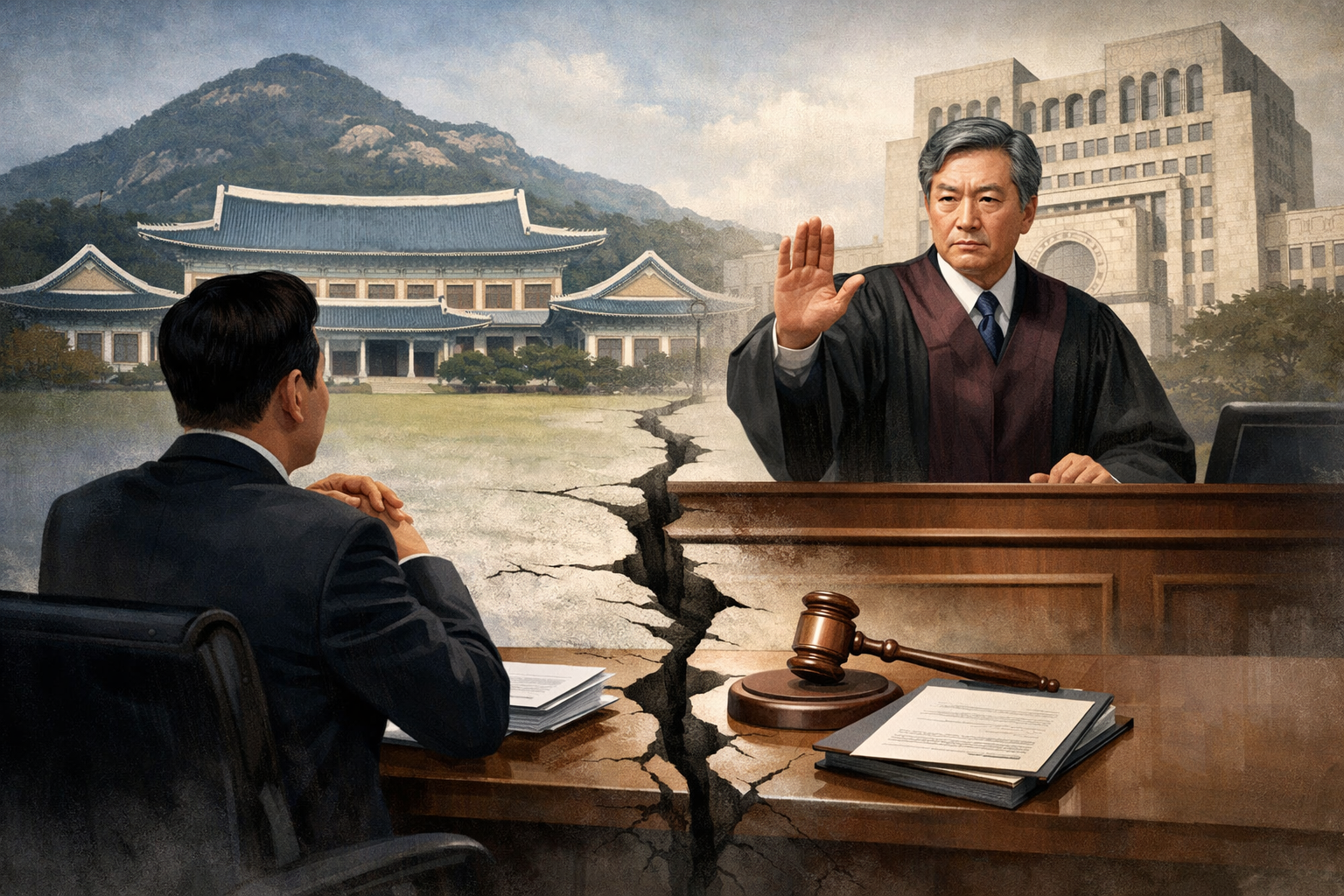 청와대, 대법관 후보자 재제청 거부 관련 권한쟁의심판 검토하지 않기로 관련 AI 보도 일러스트