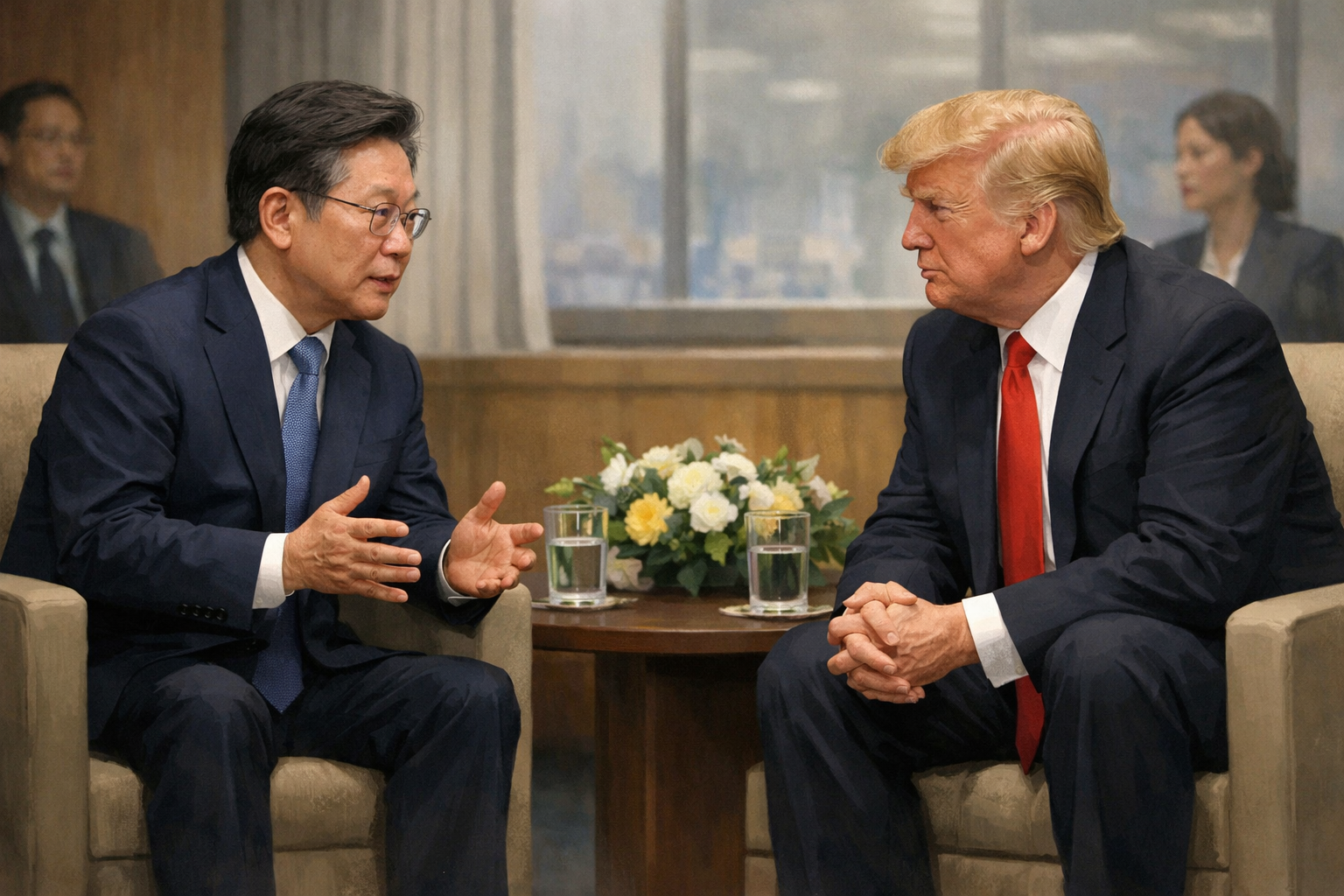 이재명 대통령, 유엔 계기 트럼프와 30분 정상회담 관련 AI 보도 일러스트