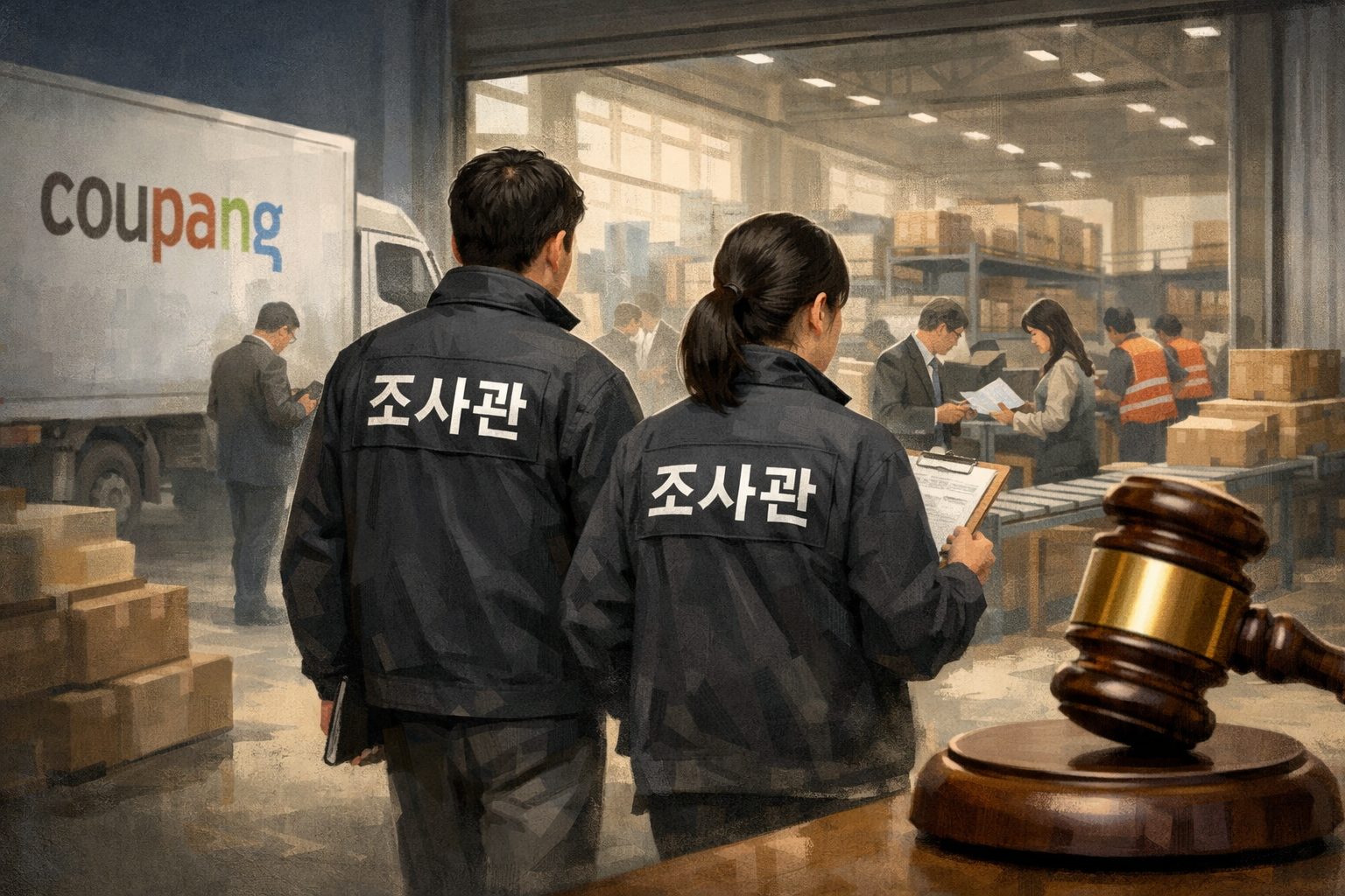 법원, 쿠팡의 공정위 현장조사 중단 신청 기각 관련 AI 보도 일러스트