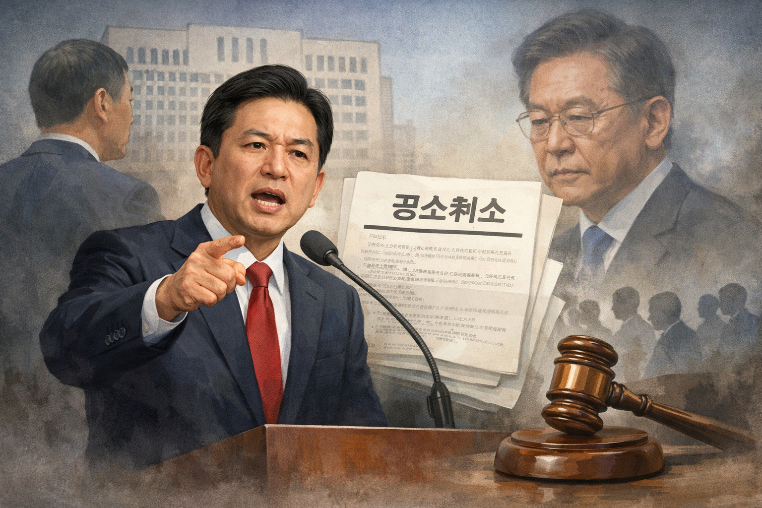 국민의힘 장동혁 대표, 검찰총장 대행 인선과 공소취소 가능성 비판 관련 AI 보도 일러스트