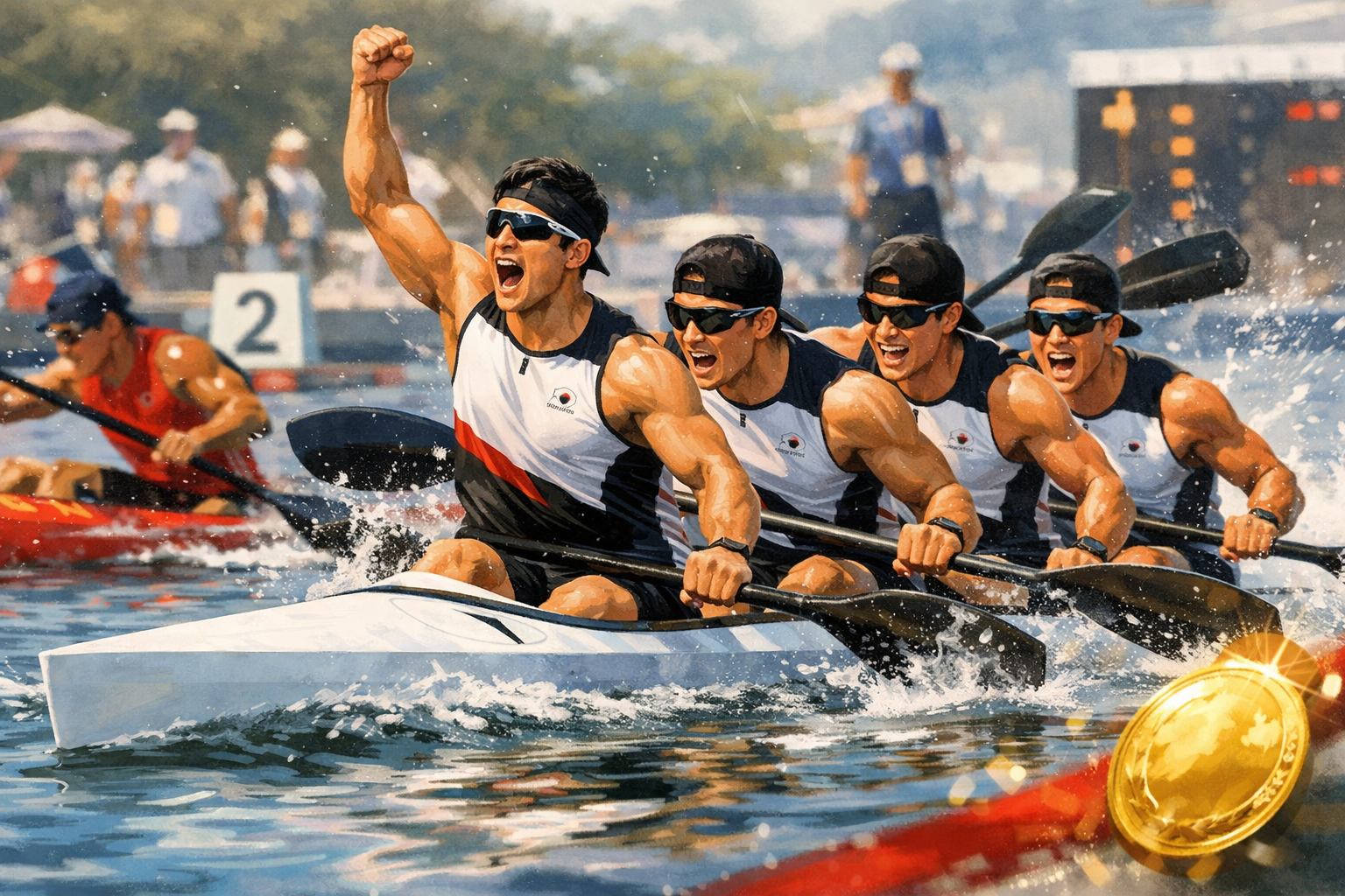 한국 카누 대표팀, 아시안게임 남자 카약 4인승 500m 금메달 관련 AI 보도 일러스트