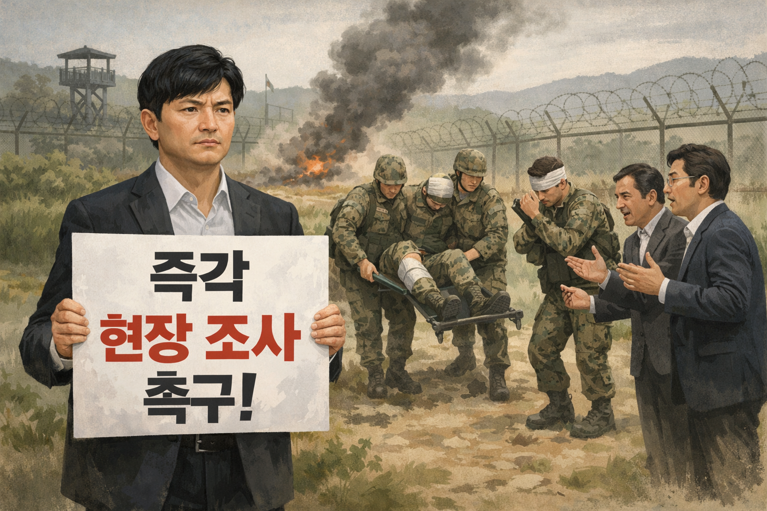 DMZ 지뢰 추정 폭발 사고 조사 지연에 야권 반발 관련 AI 보도 일러스트