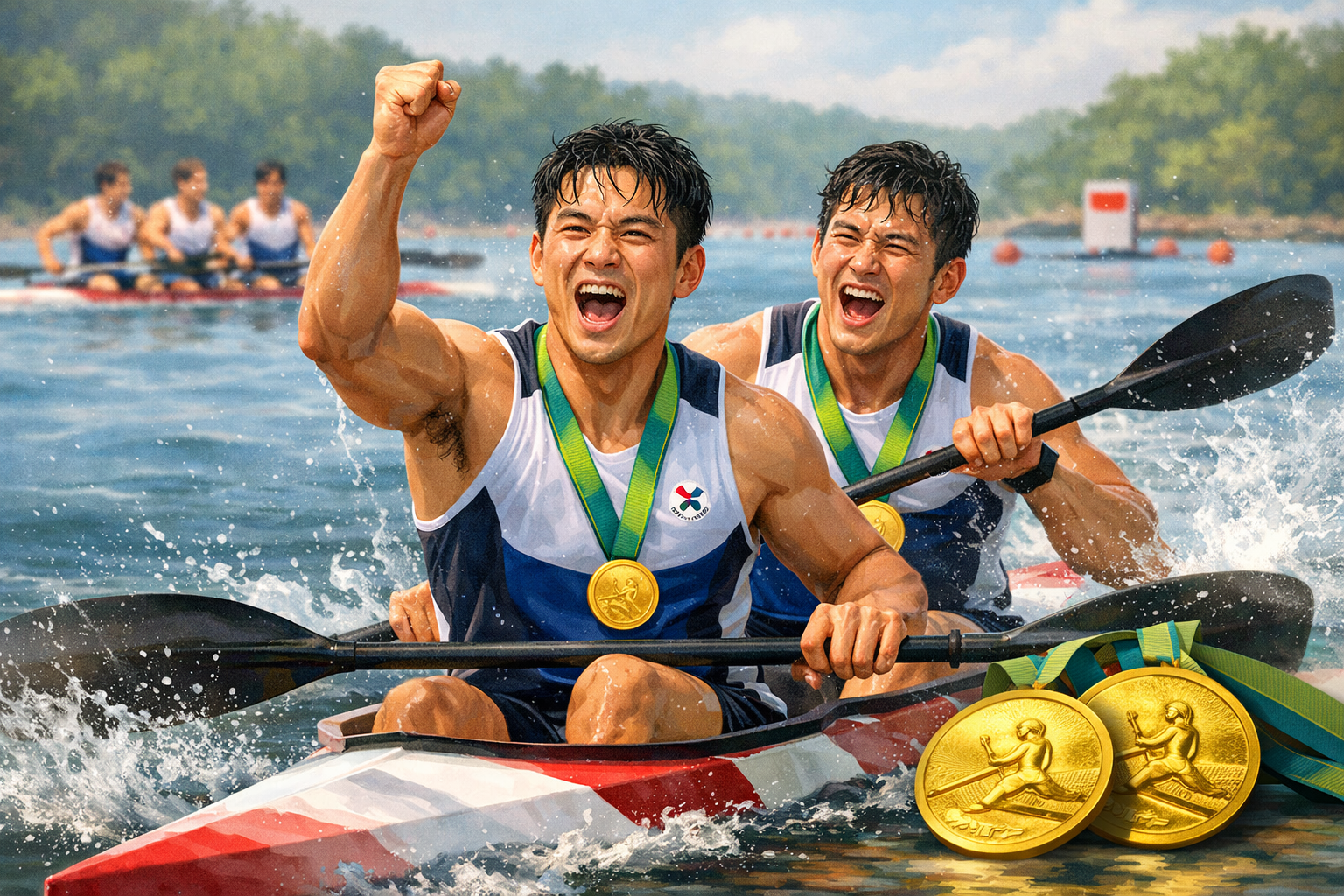 조광희·김효빈, 아시안게임 카약 2인승 금메달로 한국 첫 2관왕 관련 AI 보도 일러스트