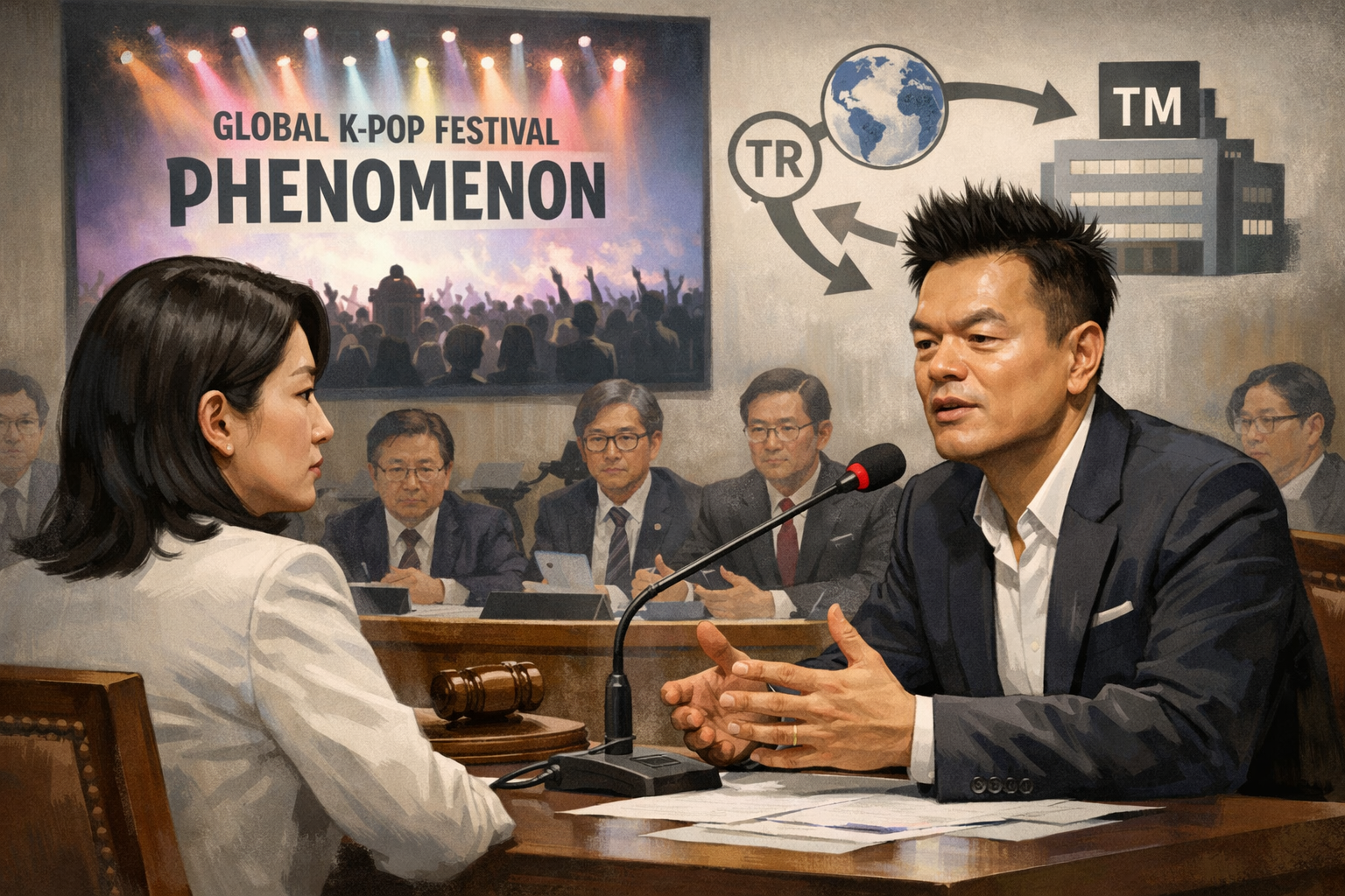 정부 K팝 축제 해외 상표권 두고 JYP 출원 논란…국감 쟁점화 관련 AI 보도 일러스트