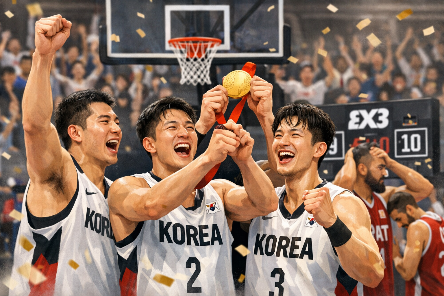 한국 3대3 남자농구, 아시안게임 첫 금메달 관련 AI 보도 일러스트