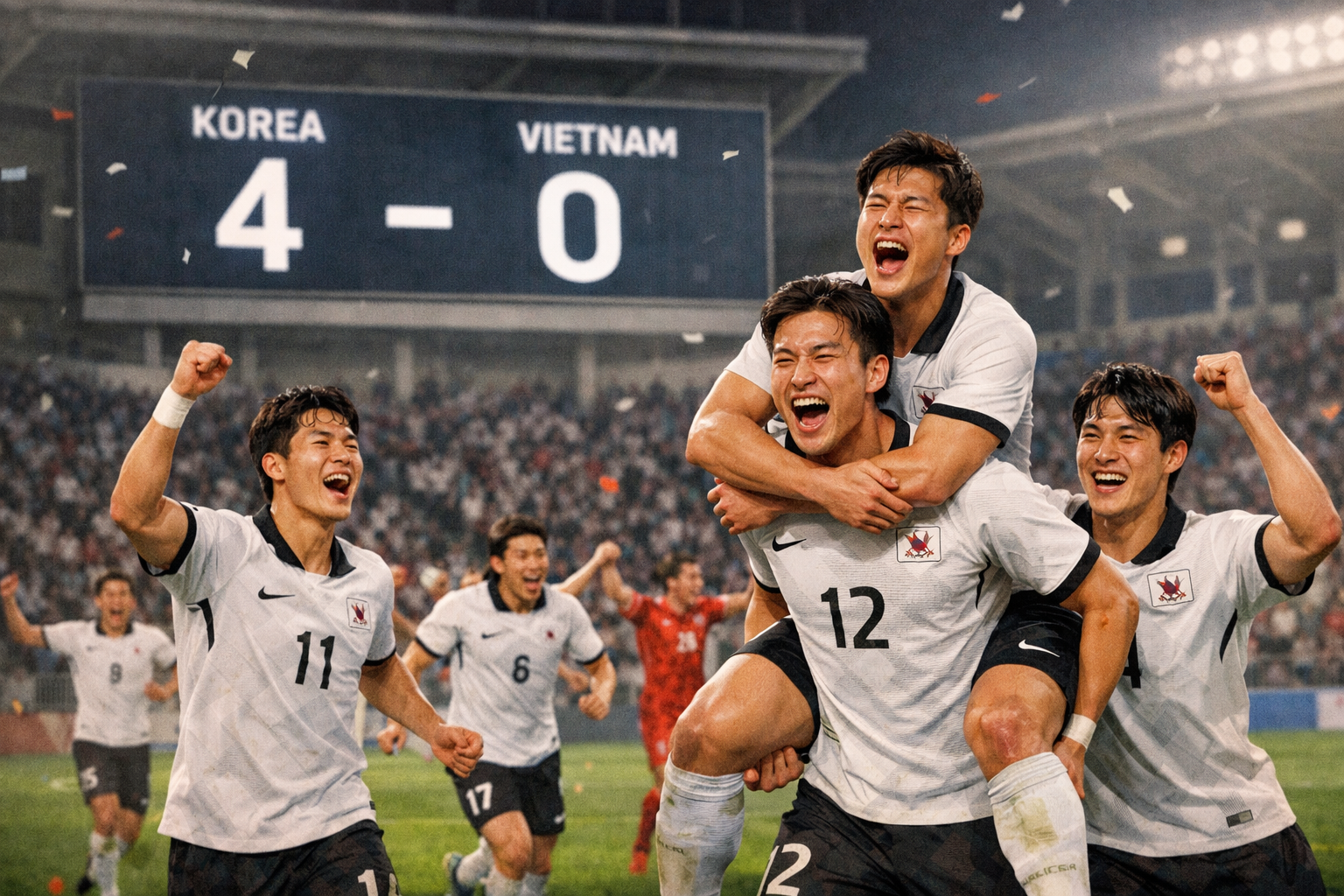 한국 U-23 축구, 베트남 4-0 꺾고 아시안게임 4강 진출 관련 AI 보도 일러스트