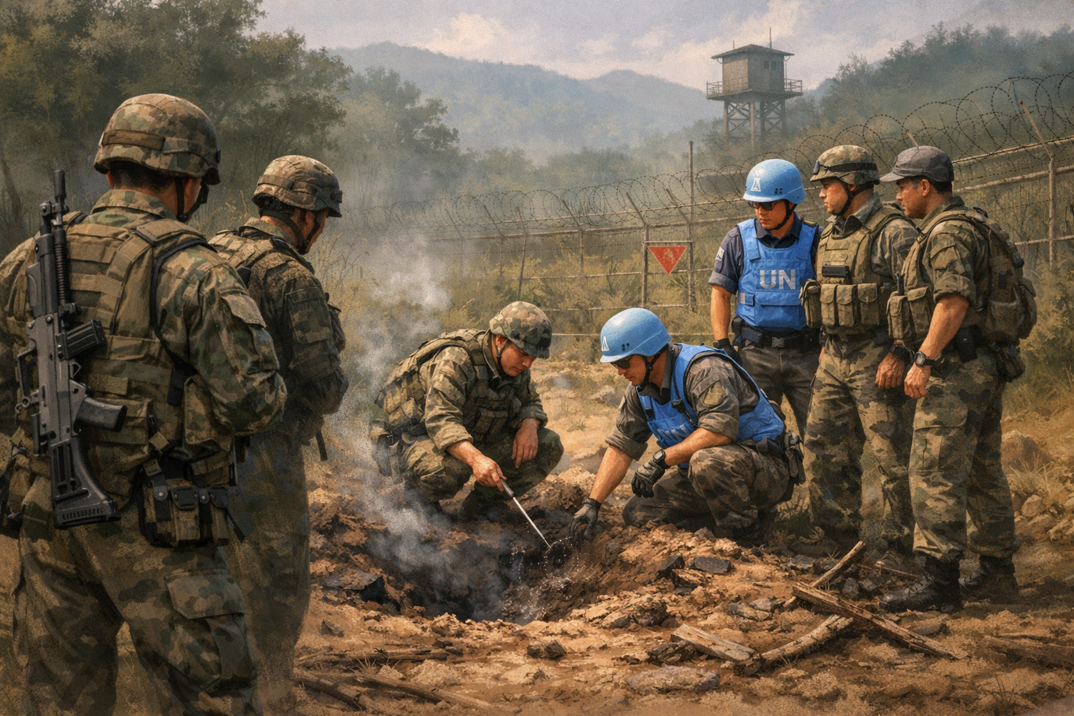 군·유엔사, DMZ 지뢰 추정 폭발 현장 조사 착수 관련 AI 보도 일러스트