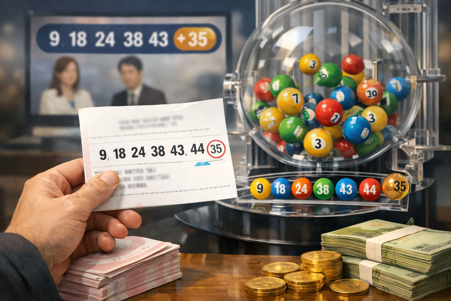 제1243회 로또 1등 12명…당첨번호는 9·18·24·38·43·44 관련 AI 보도 일러스트