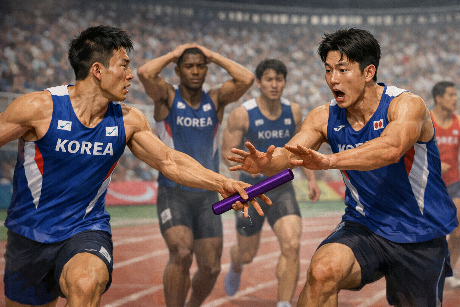 한국 남자 400m 계주, 바통 전달 실수로 결선 진출 무산 관련 AI 보도 일러스트