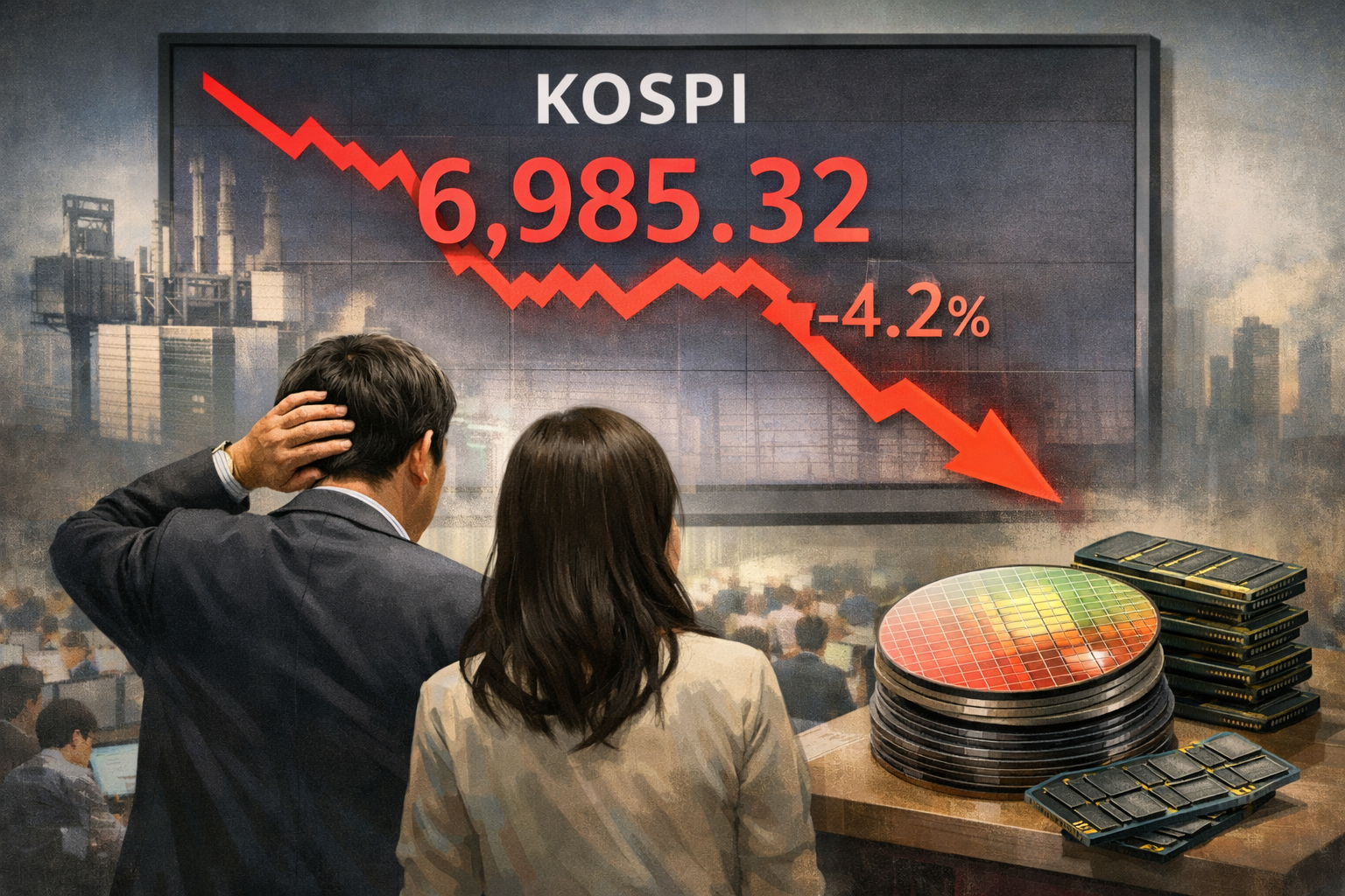 연휴 뒤 코스피 7000선 하회…대형 반도체주 급락 관련 AI 보도 일러스트