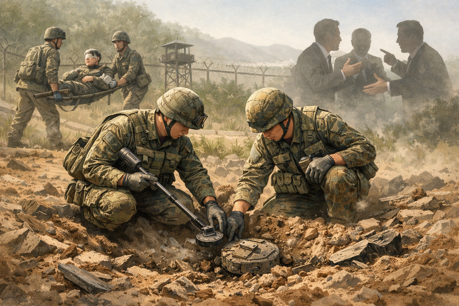 DMZ 지뢰 추정 폭발 뒤 ‘북한 목함지뢰’ 여부 놓고 공방 관련 AI 보도 일러스트