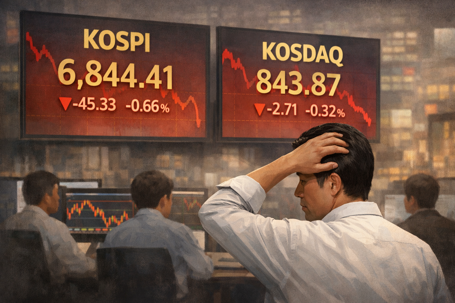 코스피 0.66% 하락 출발…코스닥도 0.32% 내려 관련 AI 보도 일러스트