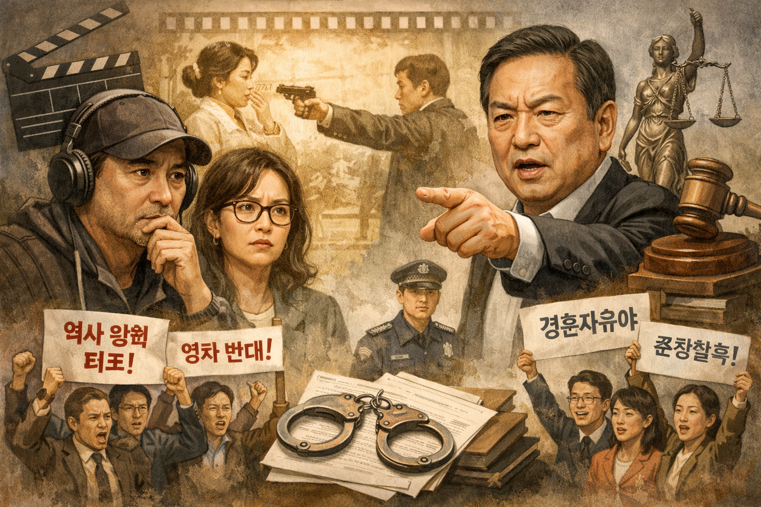 영화 ‘암살자(들)’ 역사 해석 논쟁, 제작진 고발로 번져 관련 AI 보도 일러스트