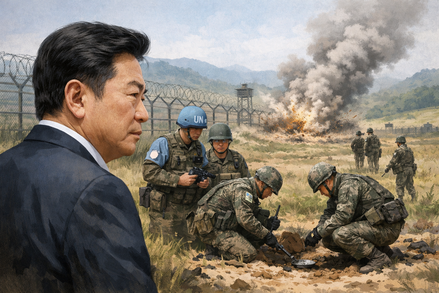 이 대통령, DMZ 지뢰 추정 폭발 사고 신속 조사 지시 관련 AI 보도 일러스트