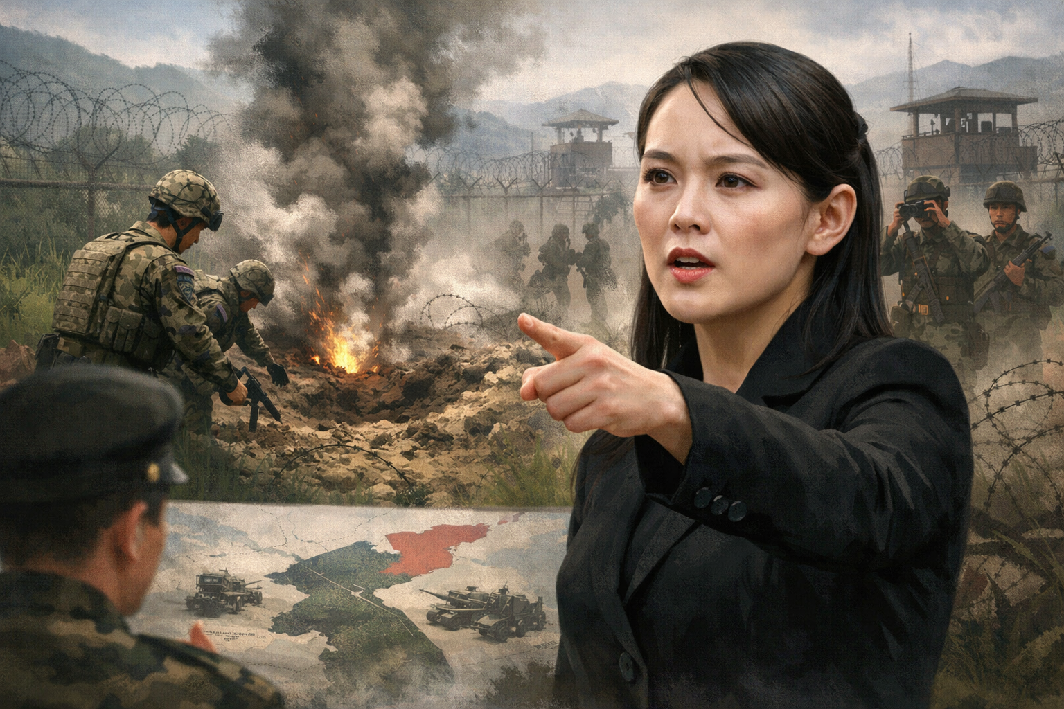 김여정, DMZ 북한 지뢰 가능성 군 발표에 반발…긴장 고조 관련 AI 보도 일러스트