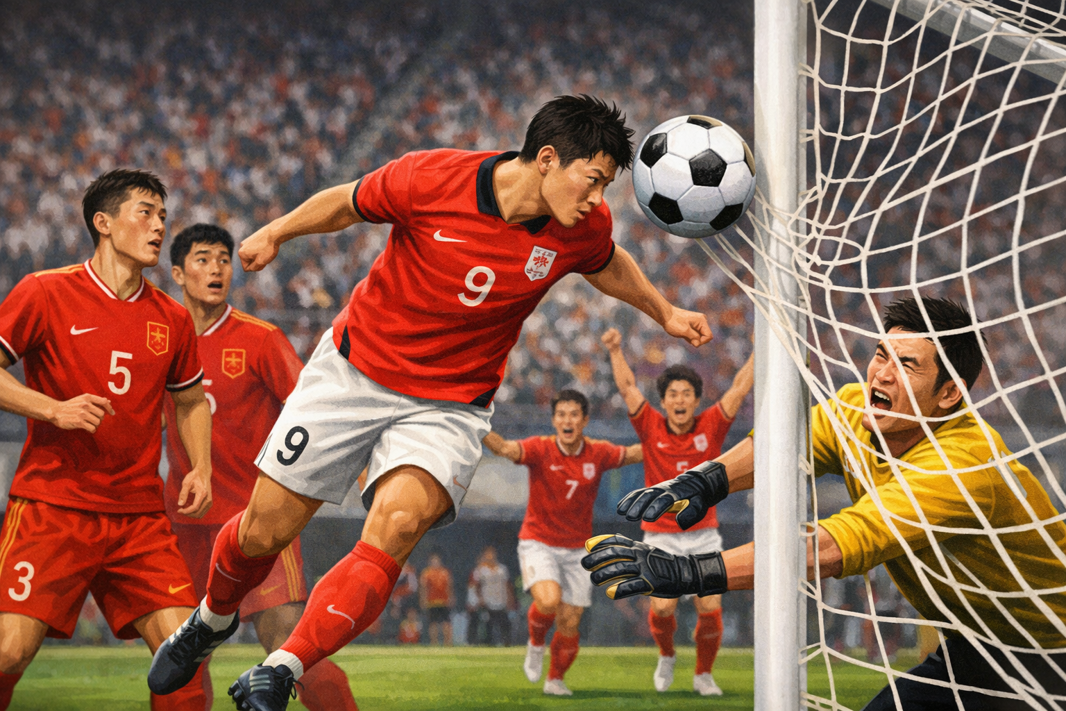 한국 아시안게임 축구, 중국에 선제 실점 뒤 전반 동점 관련 AI 보도 일러스트