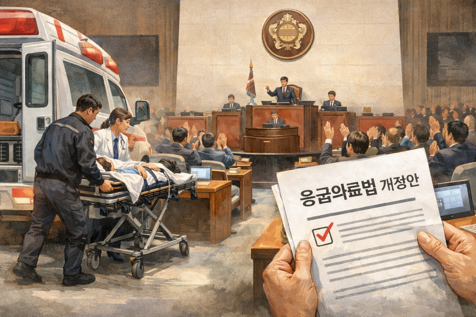 응급실 이송 지연 방지 법안, 국회 본회의 통과 관련 AI 보도 일러스트