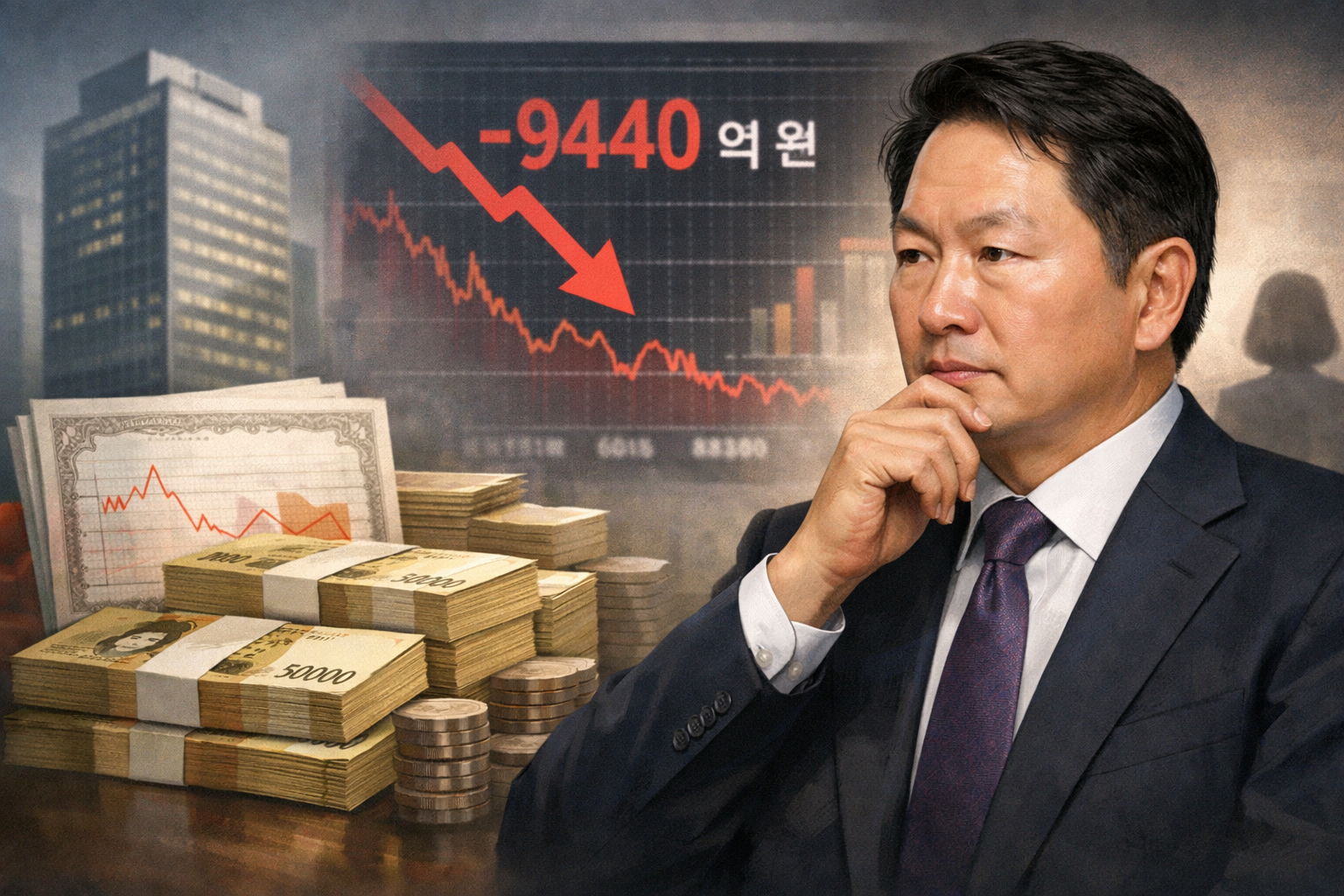 최태원, SK 지분 2.3% 매각 결정…9440억 원 규모 관련 AI 보도 일러스트