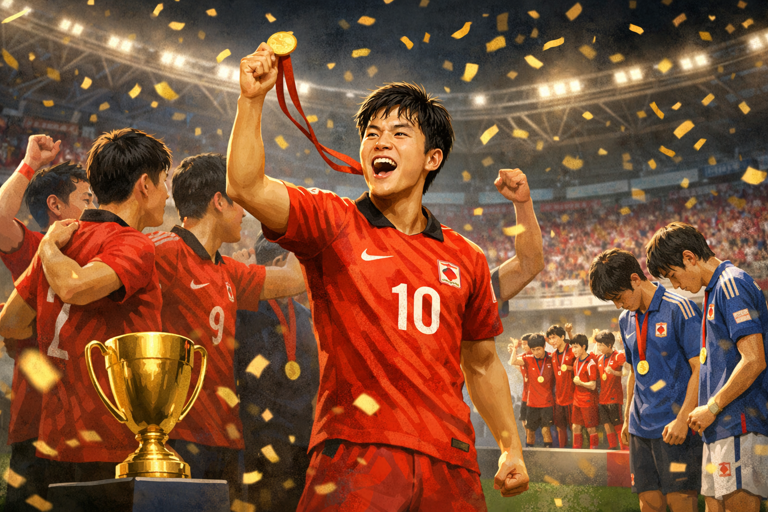한국 남자축구, 일본 꺾고 아시안게임 4회 연속 금메달 관련 AI 보도 일러스트