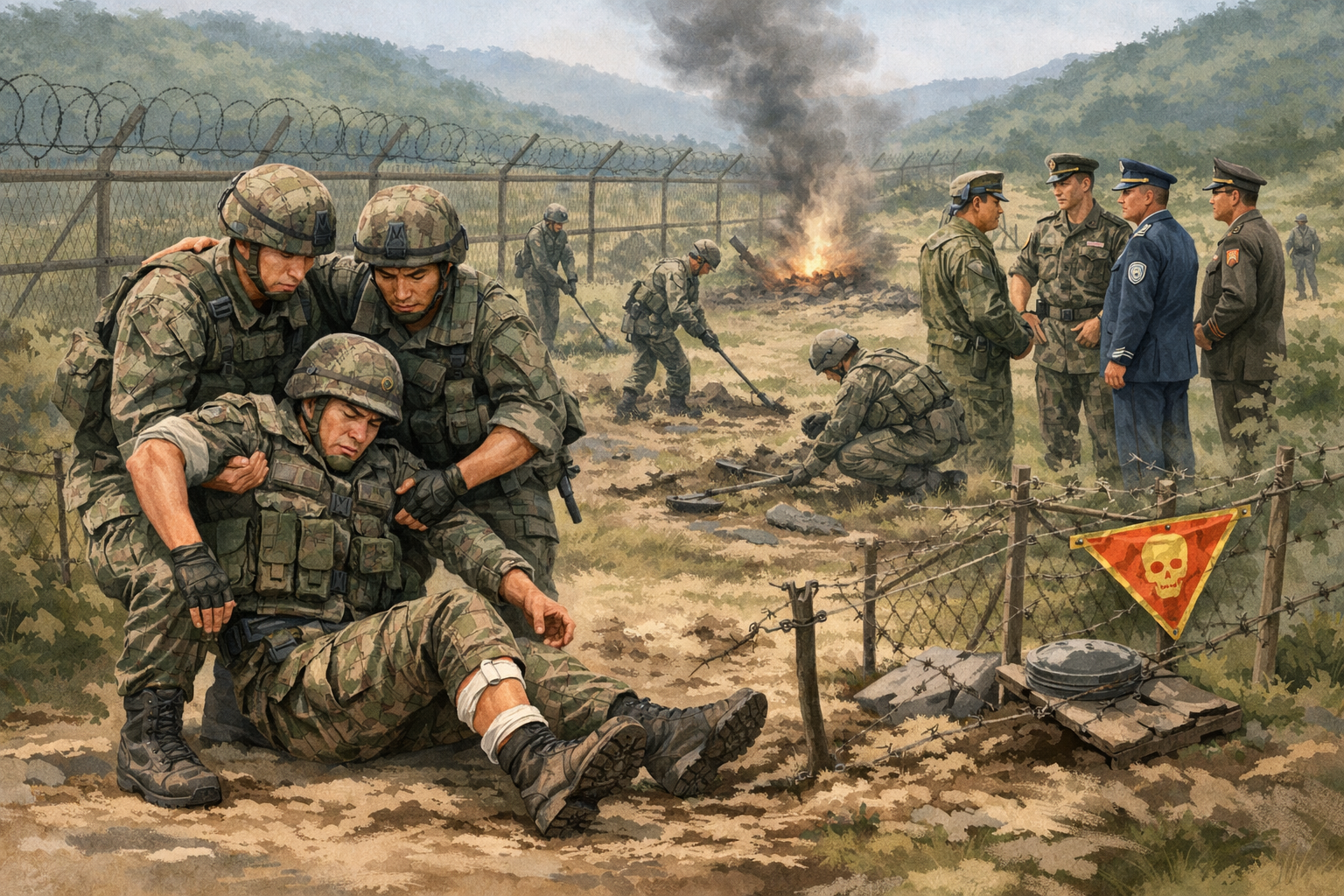 합참, DMZ 장병 부상 지뢰를 북한 매설로 최종 판단 관련 AI 보도 일러스트