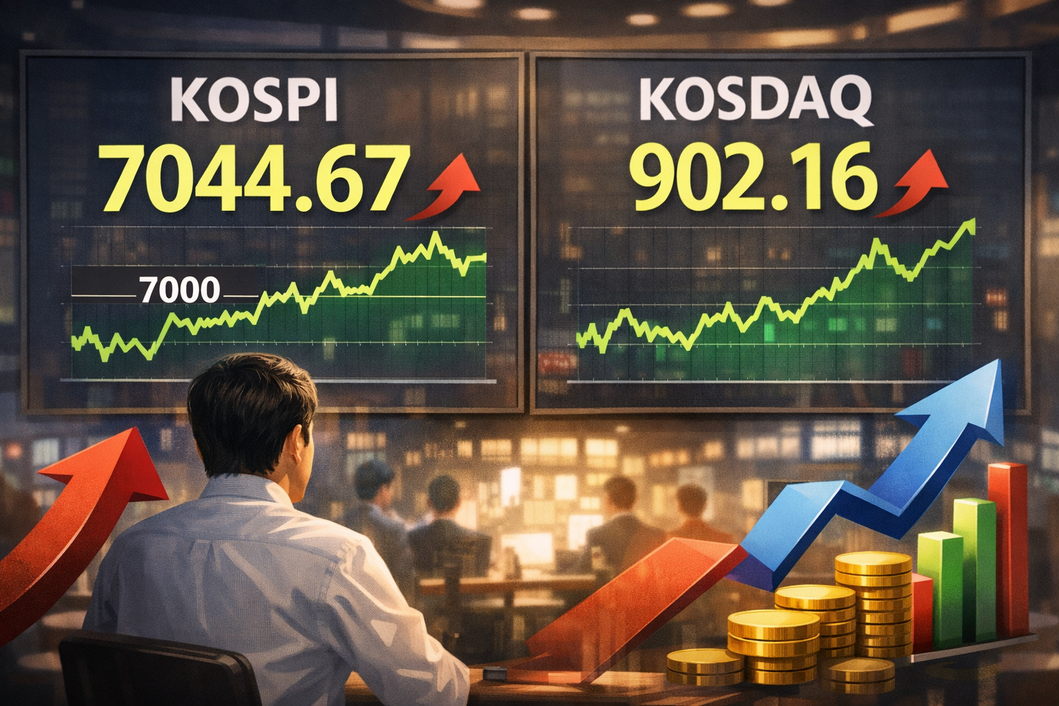 연휴 뒤 국내 증시 재개…코스피 7044선, 코스닥 900선 출발 관련 AI 보도 일러스트
