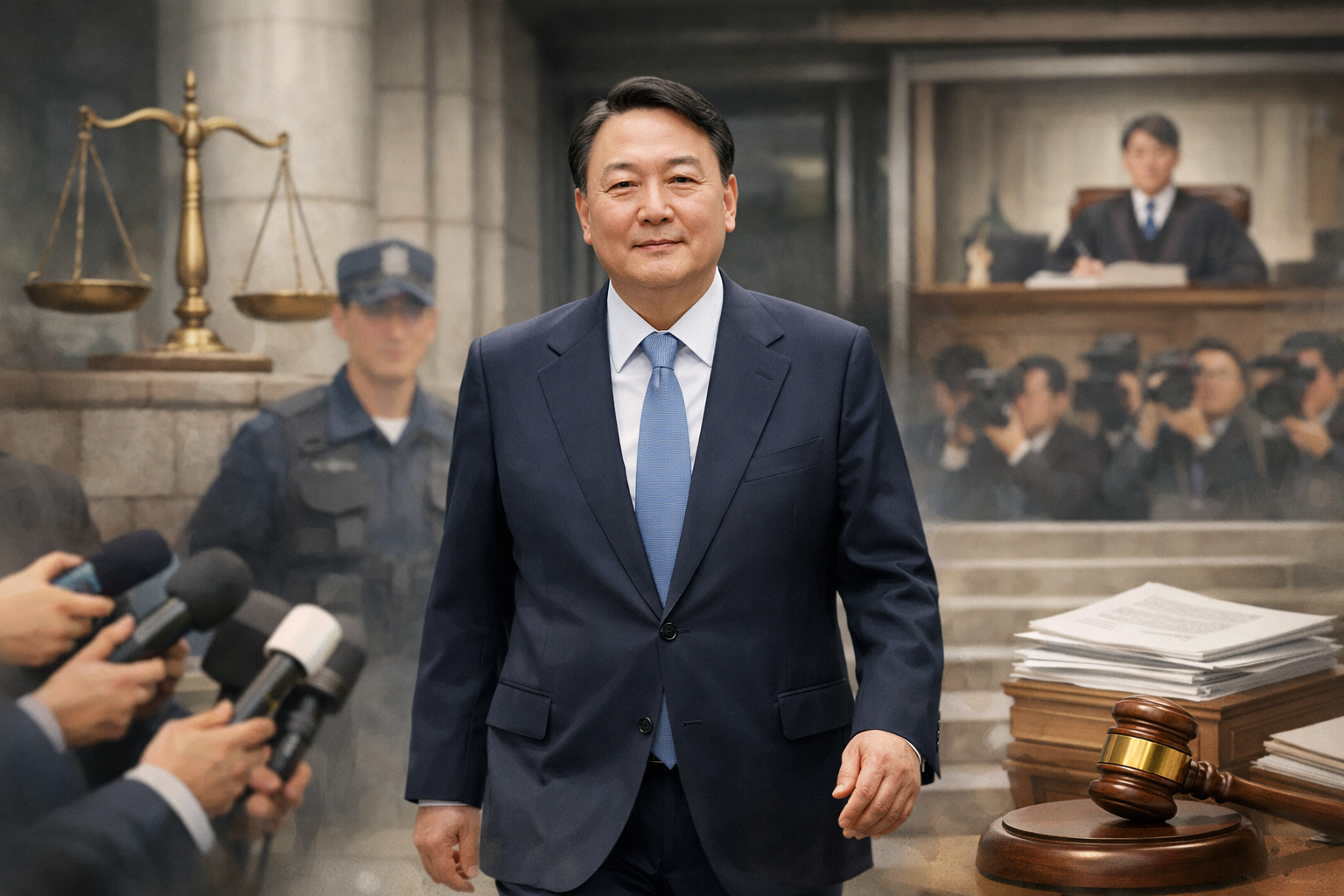 윤석열 전 대통령, ‘명태균 무상 여론조사’ 항소심 무죄 관련 AI 보도 일러스트