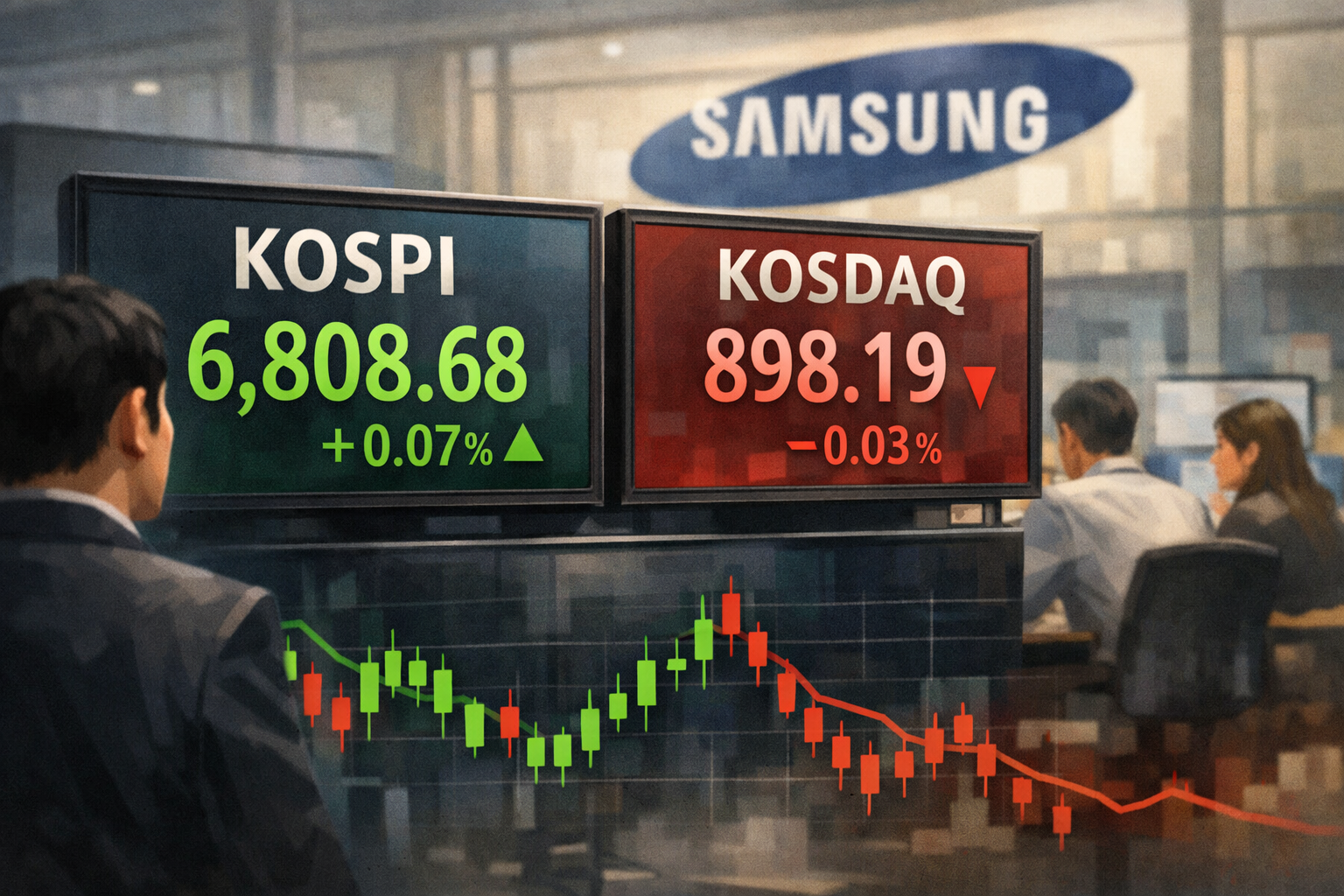 코스피, 삼성전자 실적 발표일 6808선 강보합 출발 관련 AI 보도 일러스트