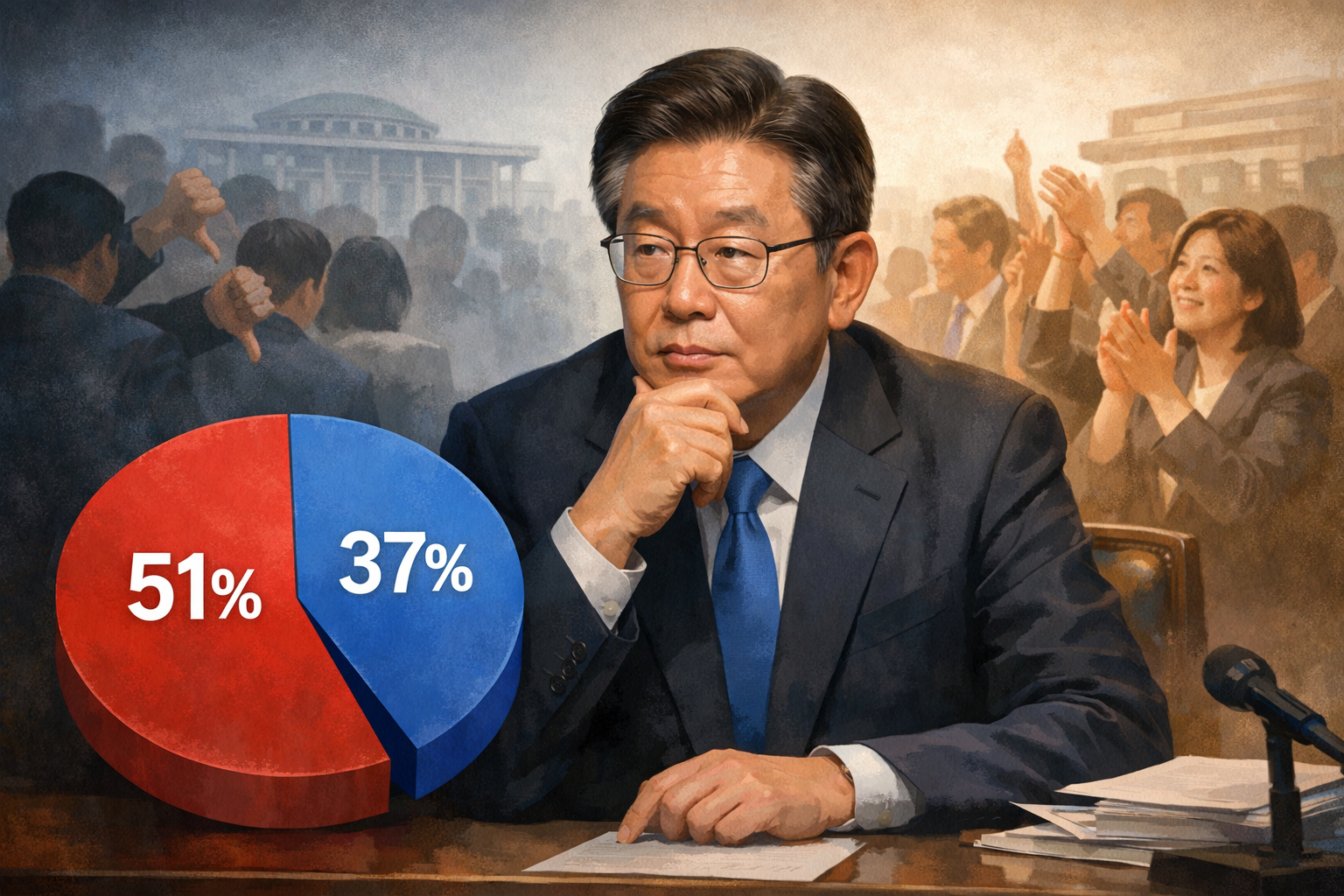 한국갤럽 조사서 이 대통령 긍정 평가 37%…부정 평가 51% 관련 AI 보도 일러스트